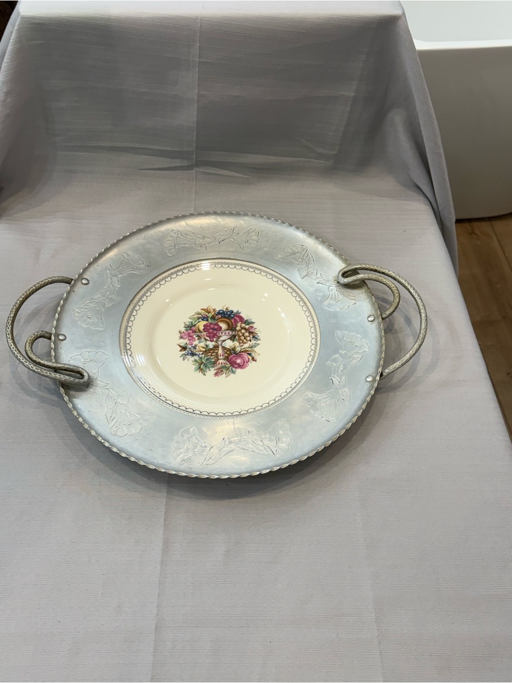 Limoges Antique Decorative Floral Ceramic Serving Platter with Metal Handles -